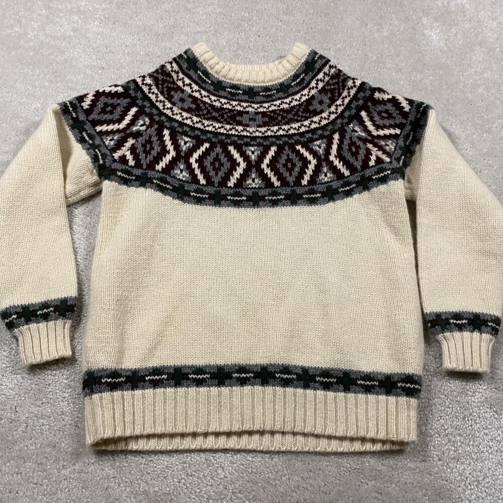 VTG Woolrich Sweater Mens S White Wool Fair Isle Crewneck Knit Pullover Heavy